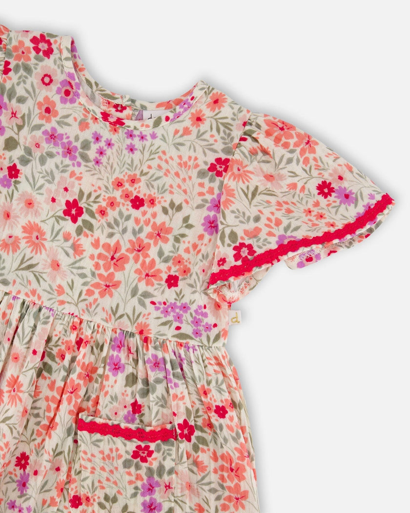 Muslin Dress Off White Printed Flowers