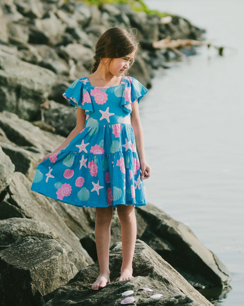 Crinkle Jersey Dress Blue Shell Print