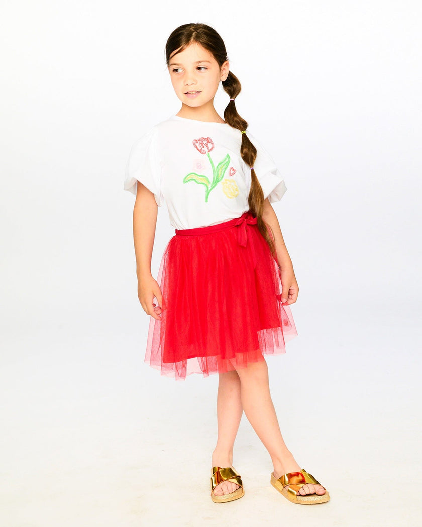 Mesh And Eyelet Skirt Red