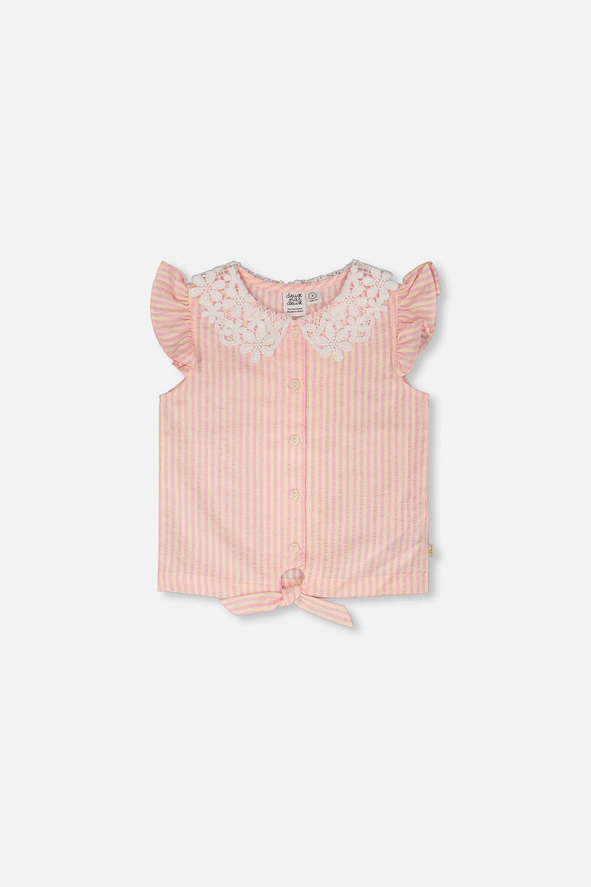 Sleeveless Shirt Pink And Yellow Stripes With Crochet Collar