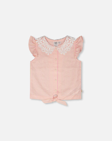 Sleeveless Shirt Pink And Yellow Stripes With Crochet Collar