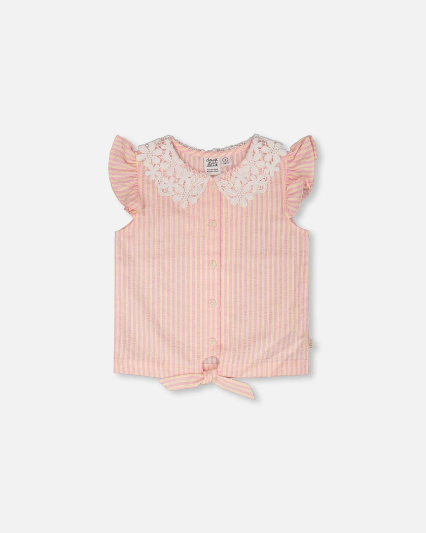 Sleeveless Shirt Pink And Yellow Stripes With Crochet Collar