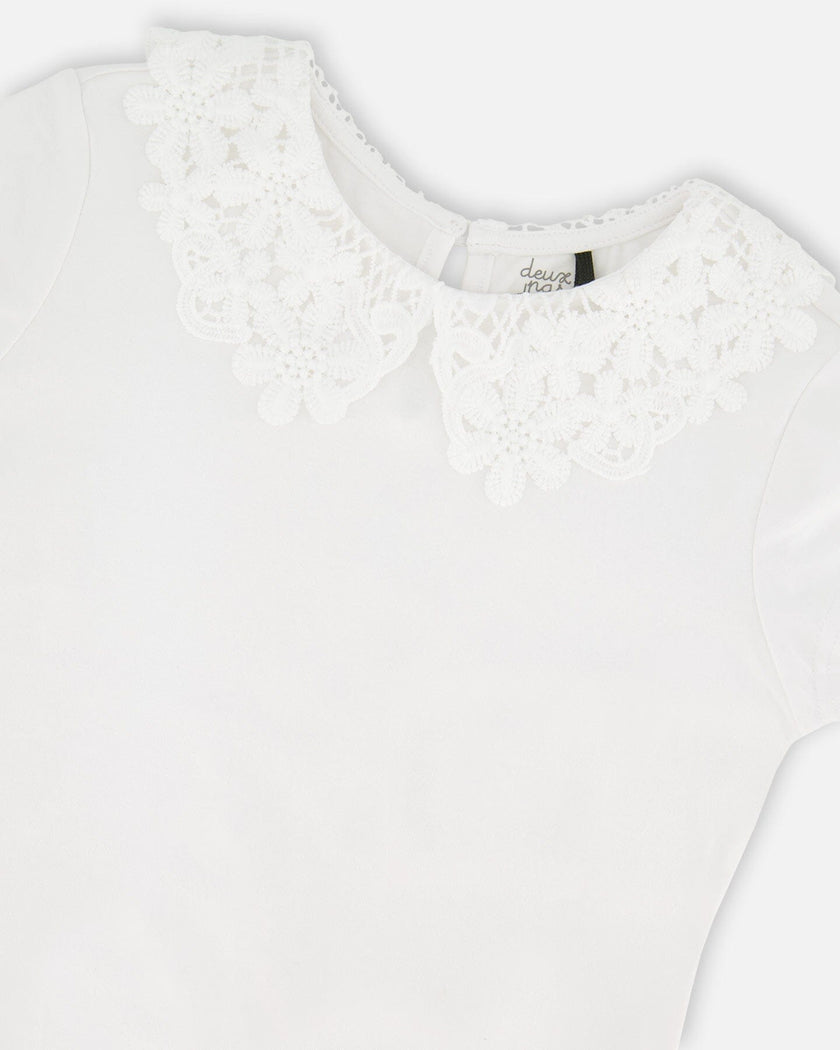 T-Shirt With Crochet Peter Pan Collar White