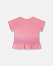 Crinkle Jersey Long T-Shirt With Crochet Insert Pink