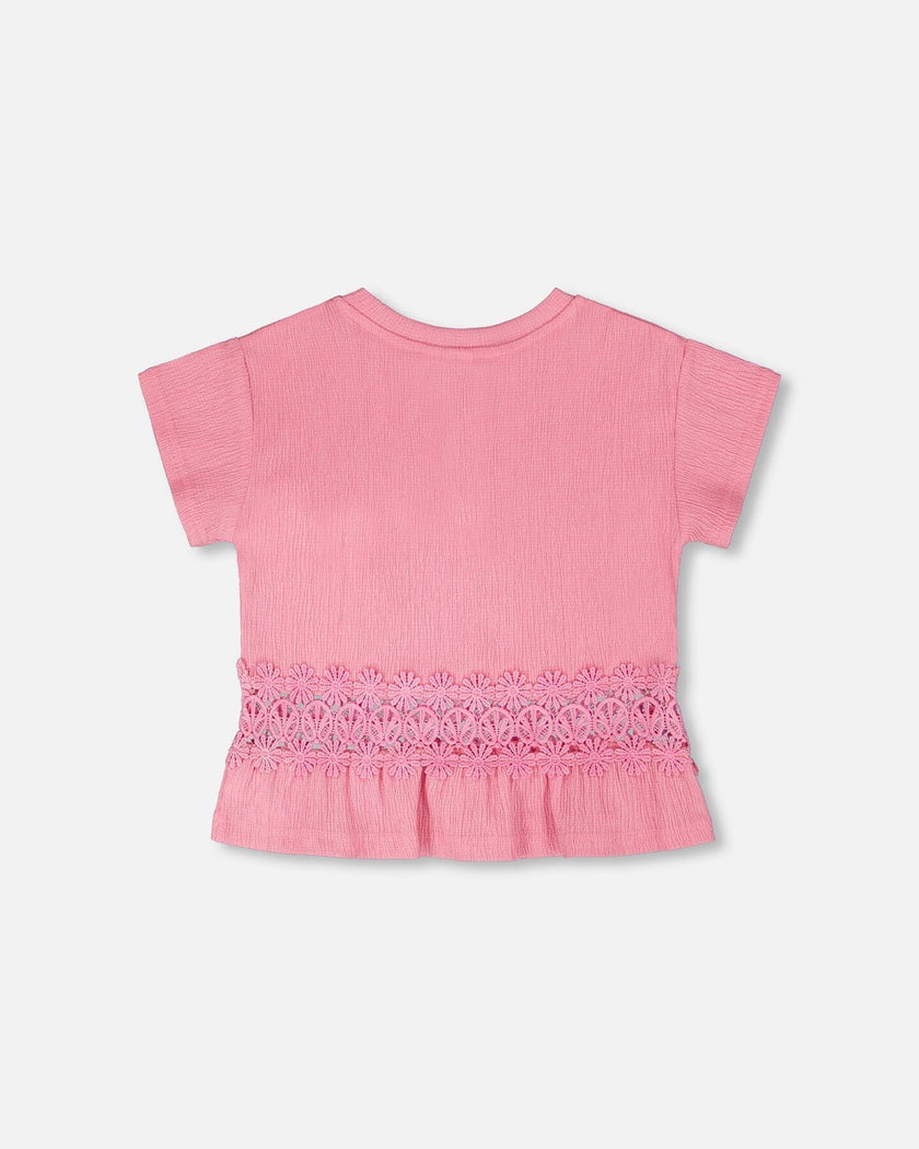 Crinkle Jersey Long T-Shirt With Crochet Insert Pink