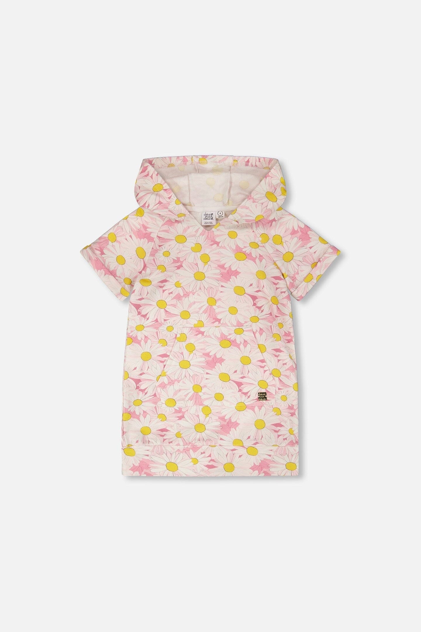French Terry Hooded Dress Pink Printed Daisies