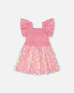 Mesh And Crinkle Jersey Dress With Smocking Pink