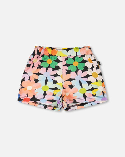 Jersey Shorts Black Printed Flowers