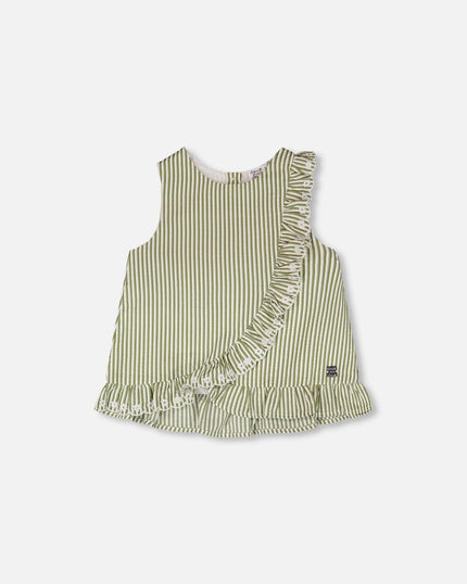 Top Green & Off White Stripes With Embroidered Ruffle