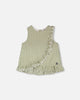 Top Green & Off White Stripes With Embroidered Ruffle