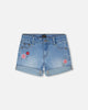 Light Blue Denim Shorts With Embroidery