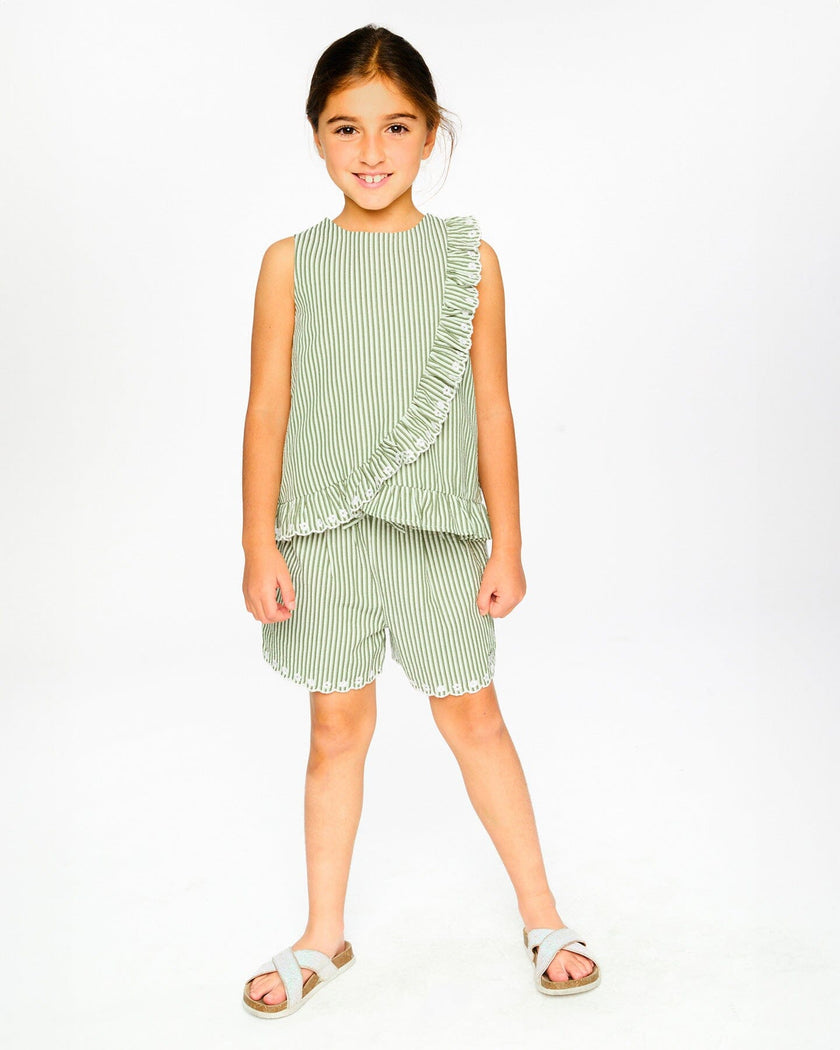 Shorts Green And Off White Stripes With Embroidery