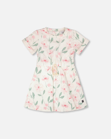 French Terry Dress Off White Printed Flowers