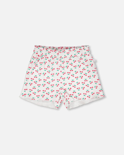 Rib Shorts White Printed Cherries