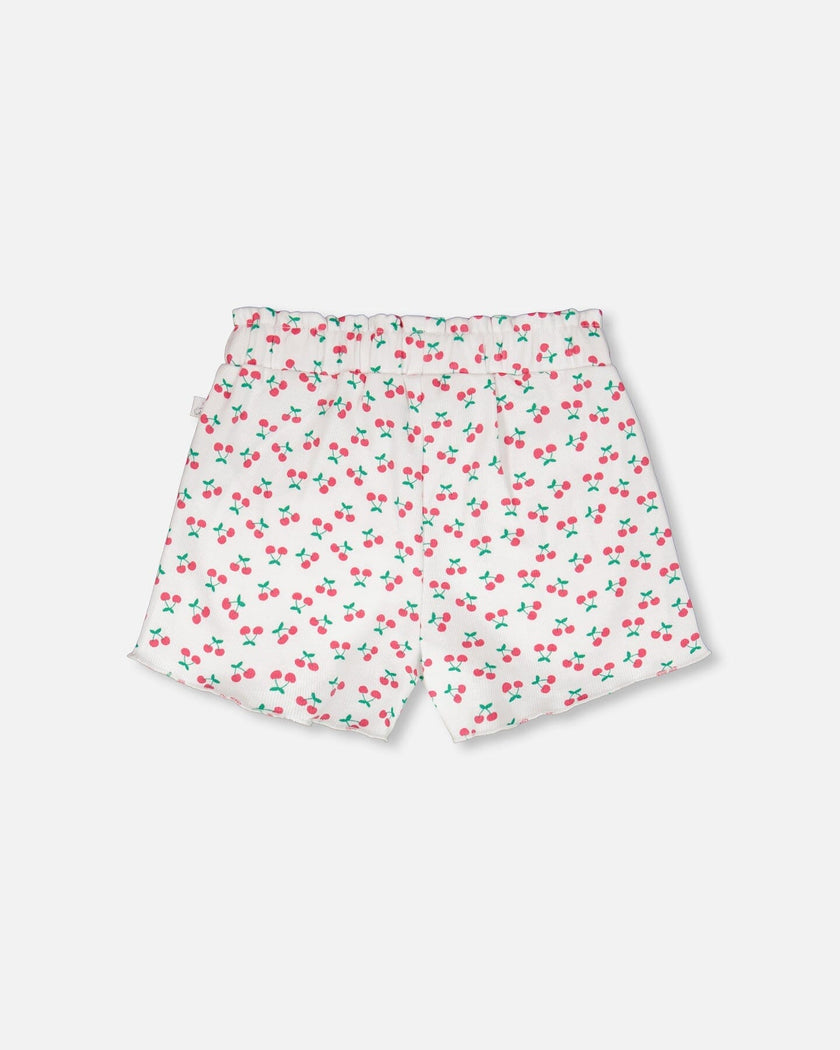 Rib Shorts White Printed Cherries