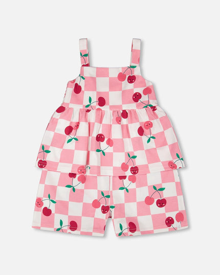 Organic Cotton Jersey Romper Pink Printed Cherries