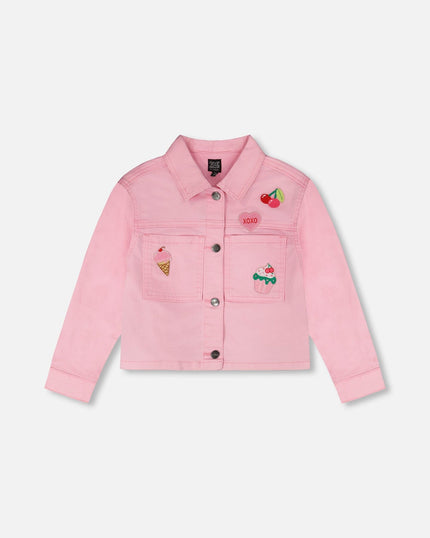 Pink Denim Jacket With Embroidered Patches