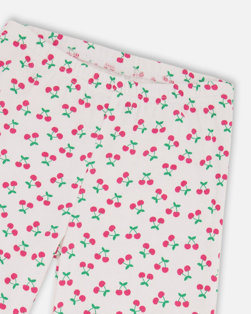 Rib Flare Leg Leggings White Printed Cherries