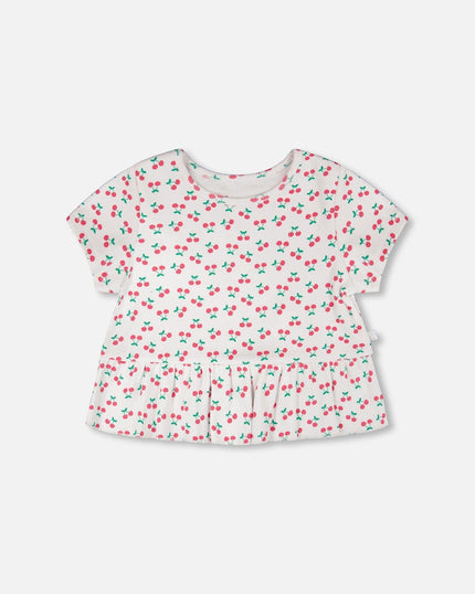 Rib Crop T-Shirt With Frill White Printed Cheeries