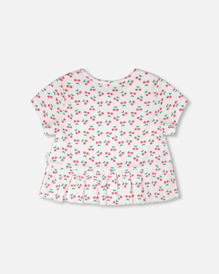 Rib Crop T-Shirt With Frill White Printed Cheeries