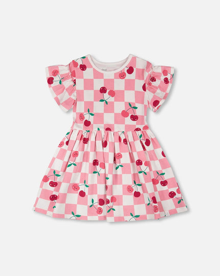 Organic Cotton Jersey Dress Pink Printed Cherries