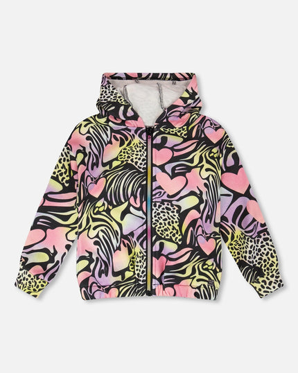 Zip Front French Terry Hoodie Black Printed Multicolor
