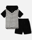 Hooded Terry T-Shirt With Shorts Set Black And White Stripes