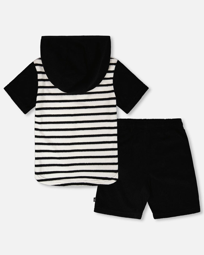 Hooded Terry T-Shirt With Shorts Set Black And White Stripes