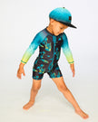 One-Piece Long Sleeve Rashguard Black Surf Print