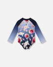 One-Piece Long Sleeve Rashguard Blue Rose Print