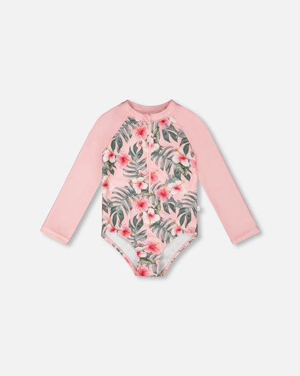 One-Piece Long Sleeve Rashguard Pink Hibiscus Print