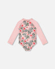 One-Piece Long Sleeve Rashguard Pink Hibiscus Print