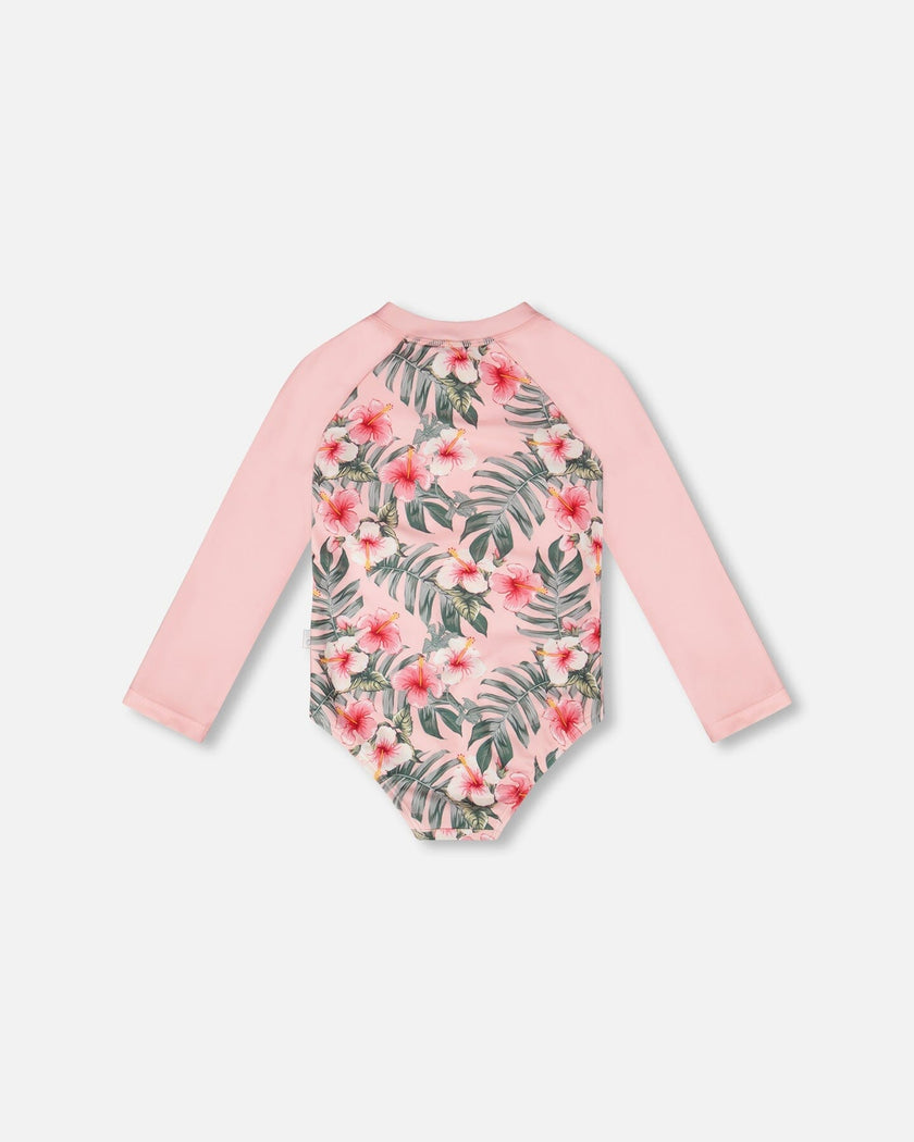 One-Piece Long Sleeve Rashguard Pink Hibiscus Print