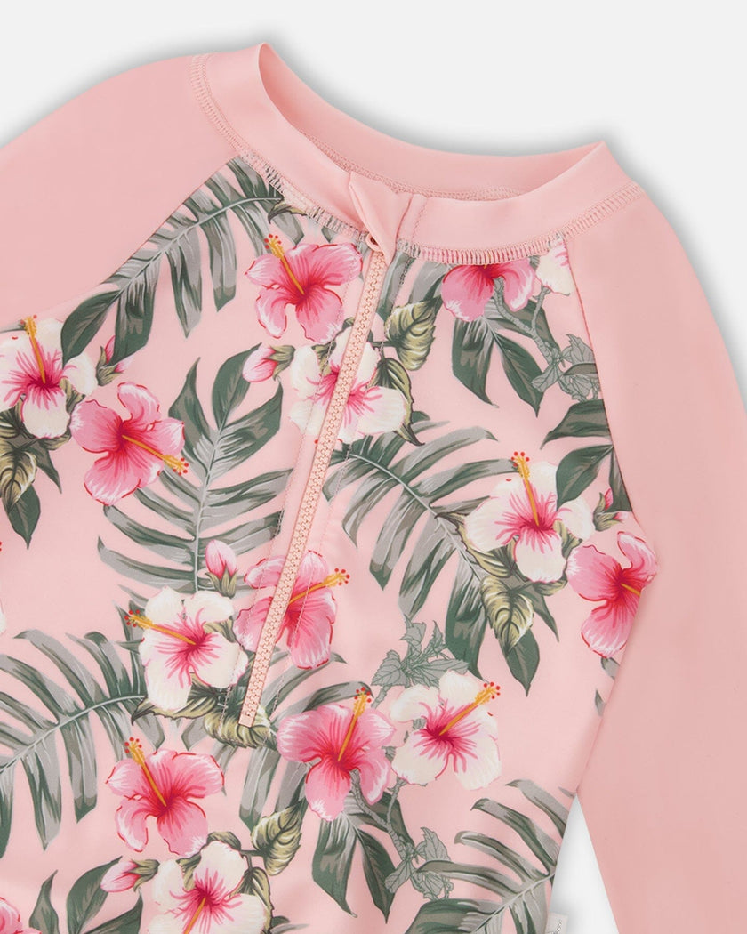 One-Piece Long Sleeve Rashguard Pink Hibiscus Print