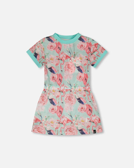Mesh Beach Dress Blue Flamingo Print