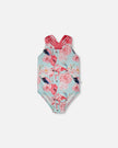 One-Piece Swimsuit Blue Flamingo Print