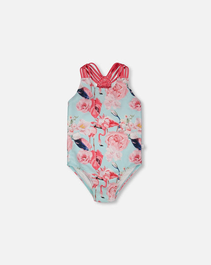 One-Piece Swimsuit Blue Flamingo Print