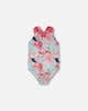 One-Piece Swimsuit Blue Flamingo Print