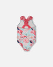 One-Piece Swimsuit Blue Flamingo Print
