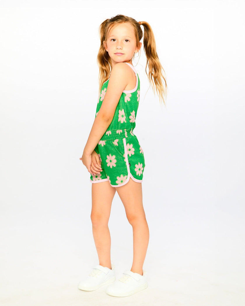 Terry Cloth Sleeveless Jumpsuit Green Printed Flowers