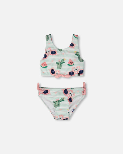 Two-Piece Swimsuit Blue Flamingo And Cactus Print