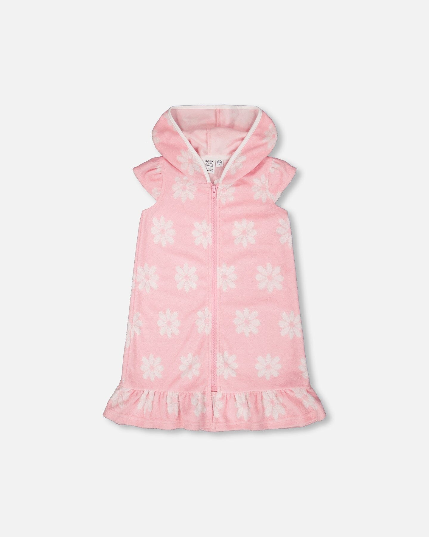 Terry Cloth Beach Hoodie Dress Pink Printed Flowers
