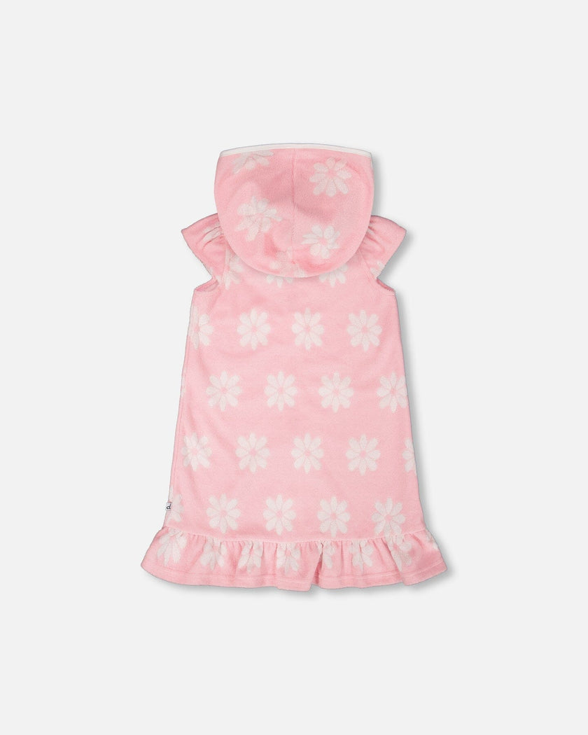 Terry Cloth Beach Hoodie Dress Pink Printed Flowers