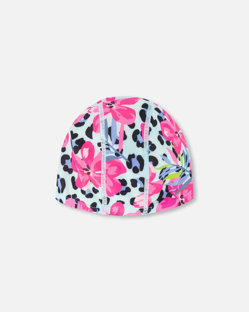 Swim Cap Blue Floral And Leopard Print
