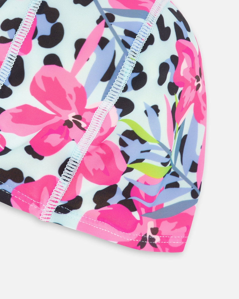 Swim Cap Blue Floral And Leopard Print