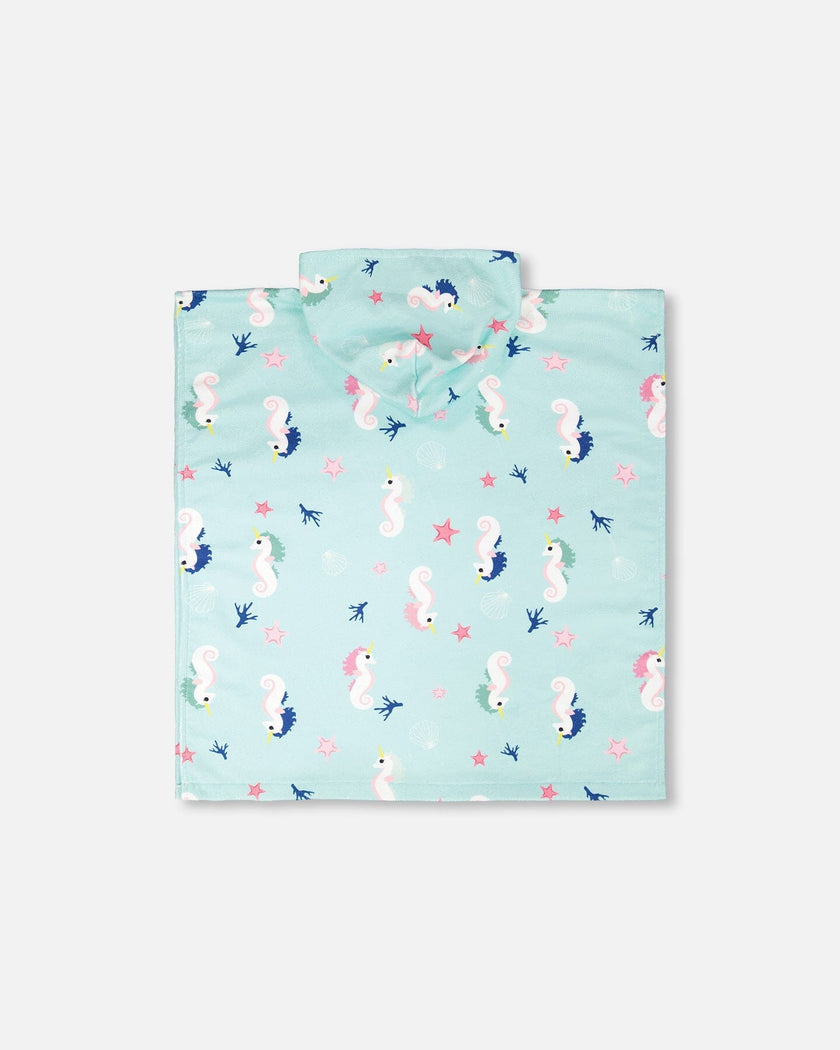 Hooded Beach Towel Blue Seahorse Print