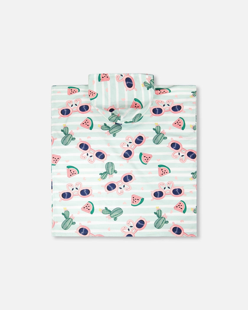 Hooded Beach Towel Blue Flamingo And Cactus Print