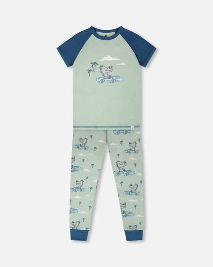 Organic Cotton Two-Piece Pyjama Set Green Crocodile Print