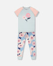 Organic Cotton Two-Piece Pyjama Set Blue Smiling Flower Print