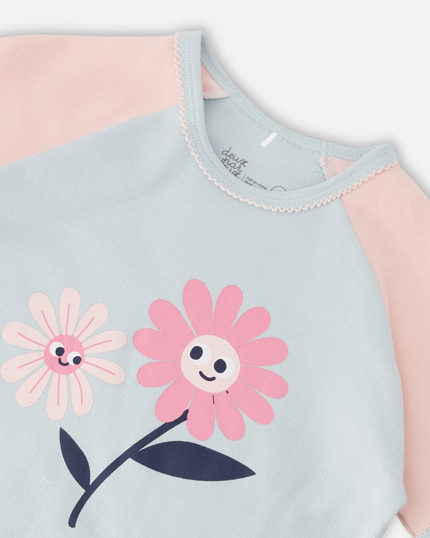 Organic Cotton Two-Piece Pyjama Set Blue Smiling Flower Print